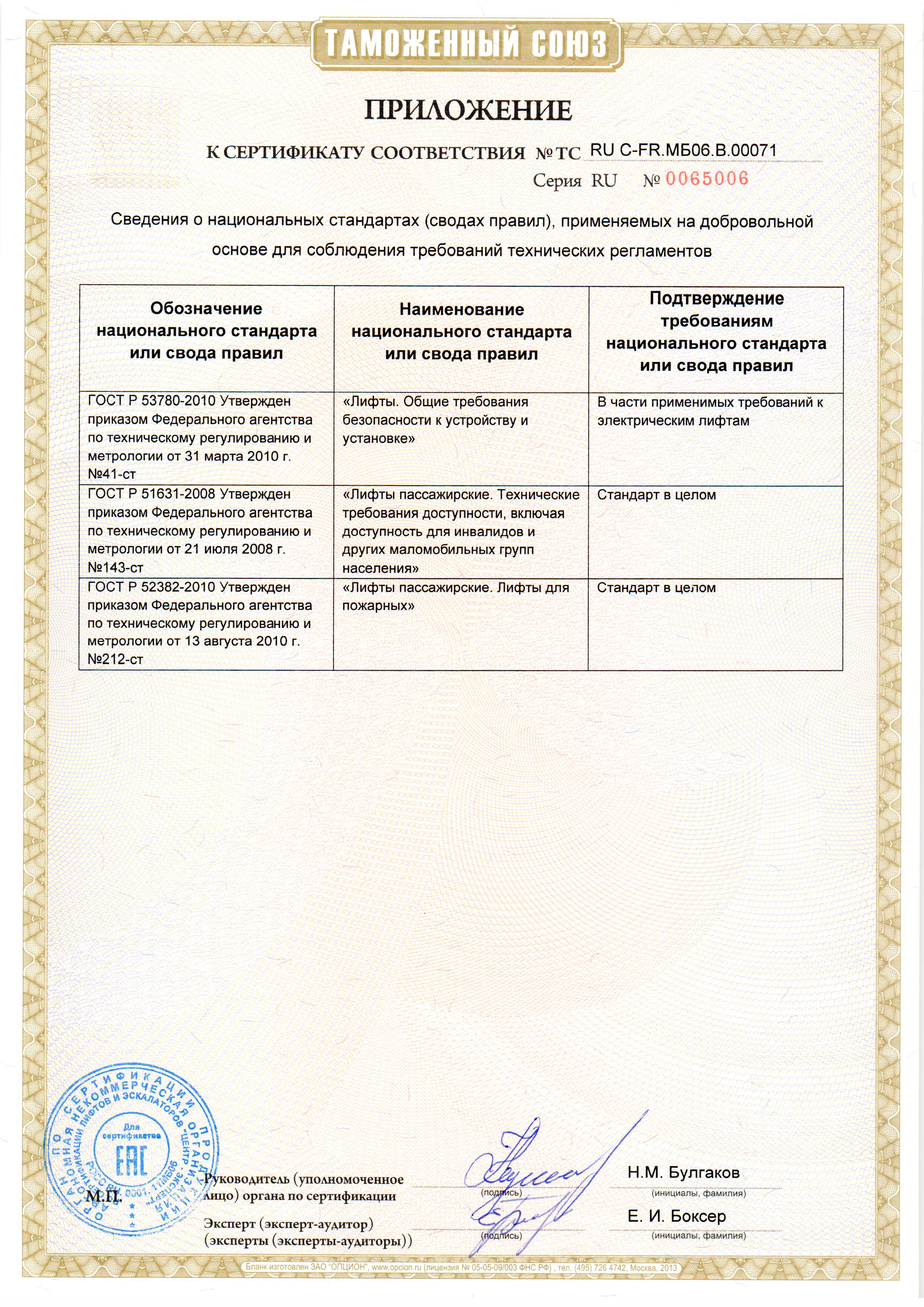 Приложение к сертификату № RU С-FR.МБ06.В.00071